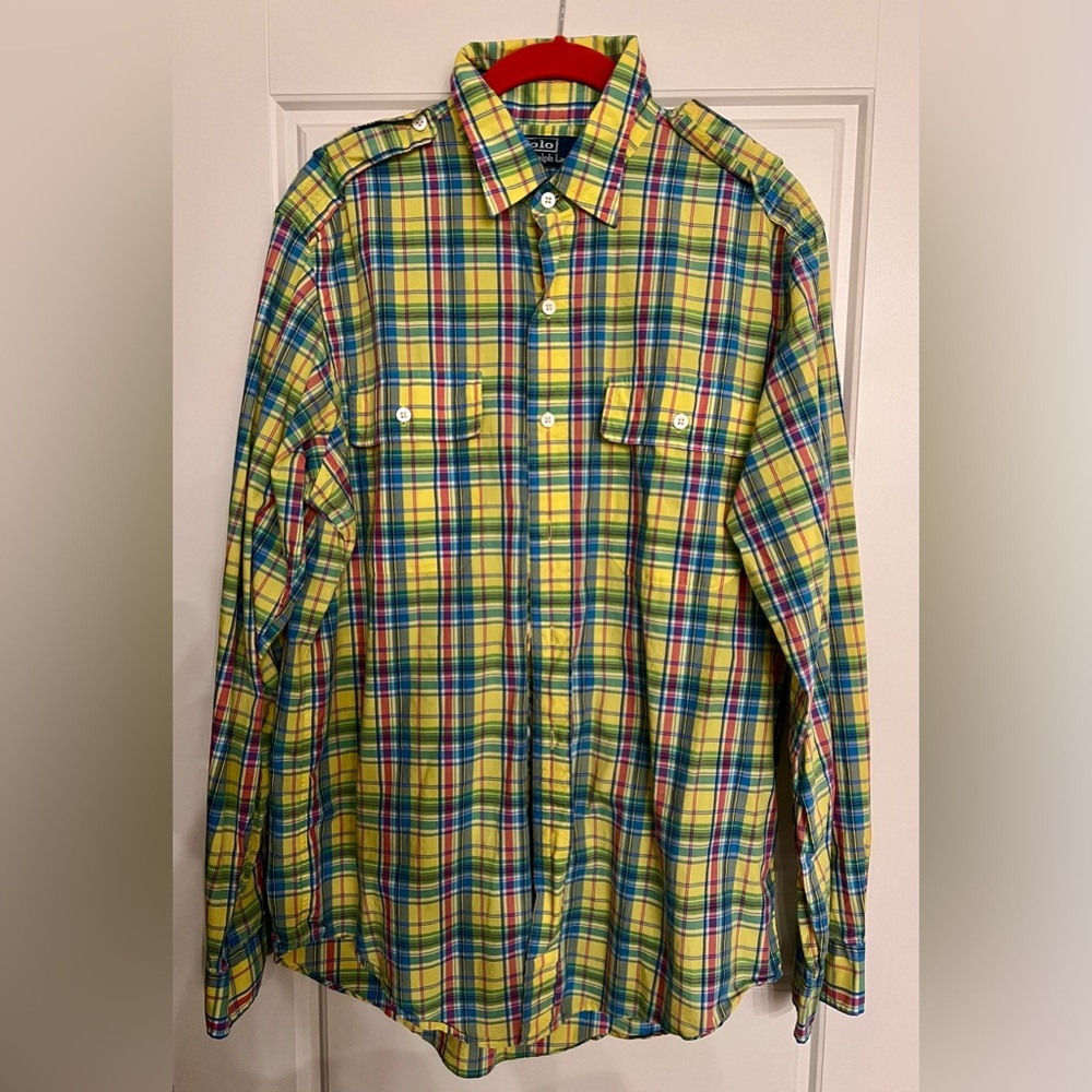 Men’s yellow, blue, green, and red medium button up flannel by Polo